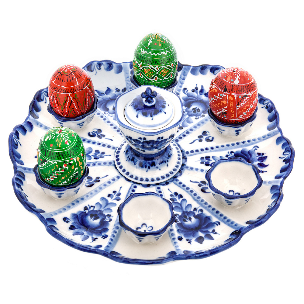 Пасхальница под 6 яиц с солонкой. Гжель - интернет магазин Русь Велика я 