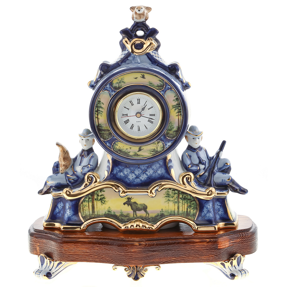 Часы настольные «Охота». Гжель в цвете и золоте. Фарфор Гжель - интернет магазин Русь Велика я 