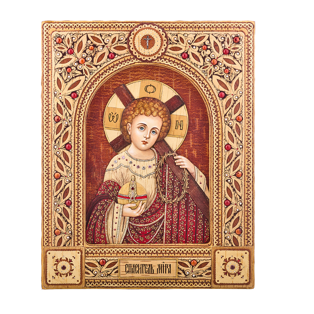 Икона из бересты «Спаситель Мира» 46,5х36,5 см - интернет магазин Русь Велика я 