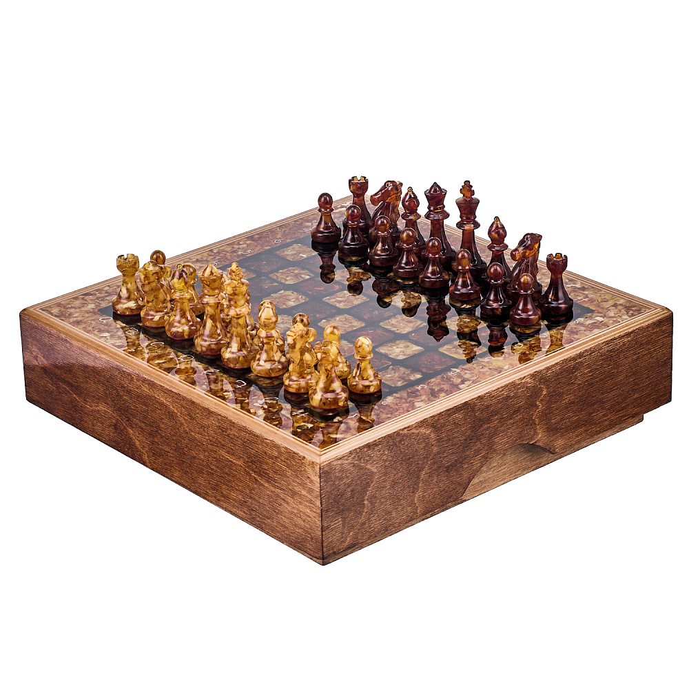 Шахматы с инкрустацией и фигурами из янтаря 30х30 см - интернет магазин Русь Велика я 