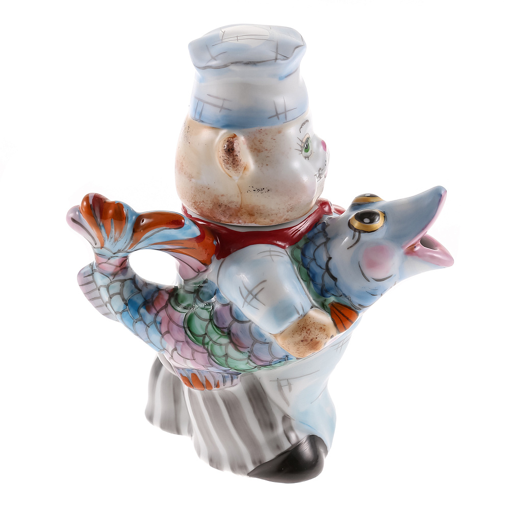 Чайник «Кот-повар». Гжель в цвете - интернет магазин Русь Велика я 