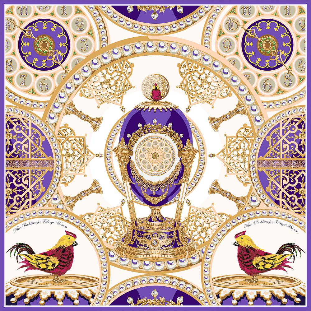 Платок шелковый «Фаберже. яйцо-часы Петушок» 65х65 см - интернет магазин Русь Велика я 