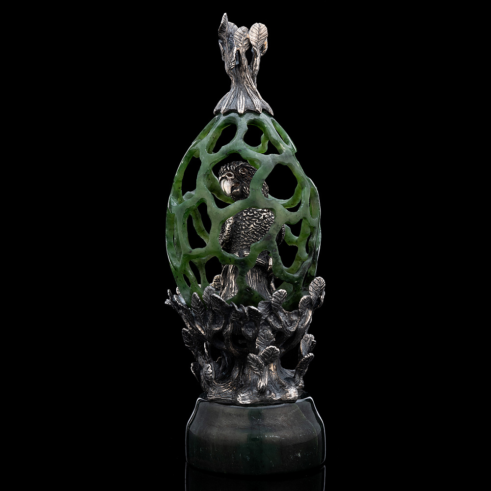 Композиция из нефрита и серебра «Попугай в клетке» - интернет магазин Русь Велика я 