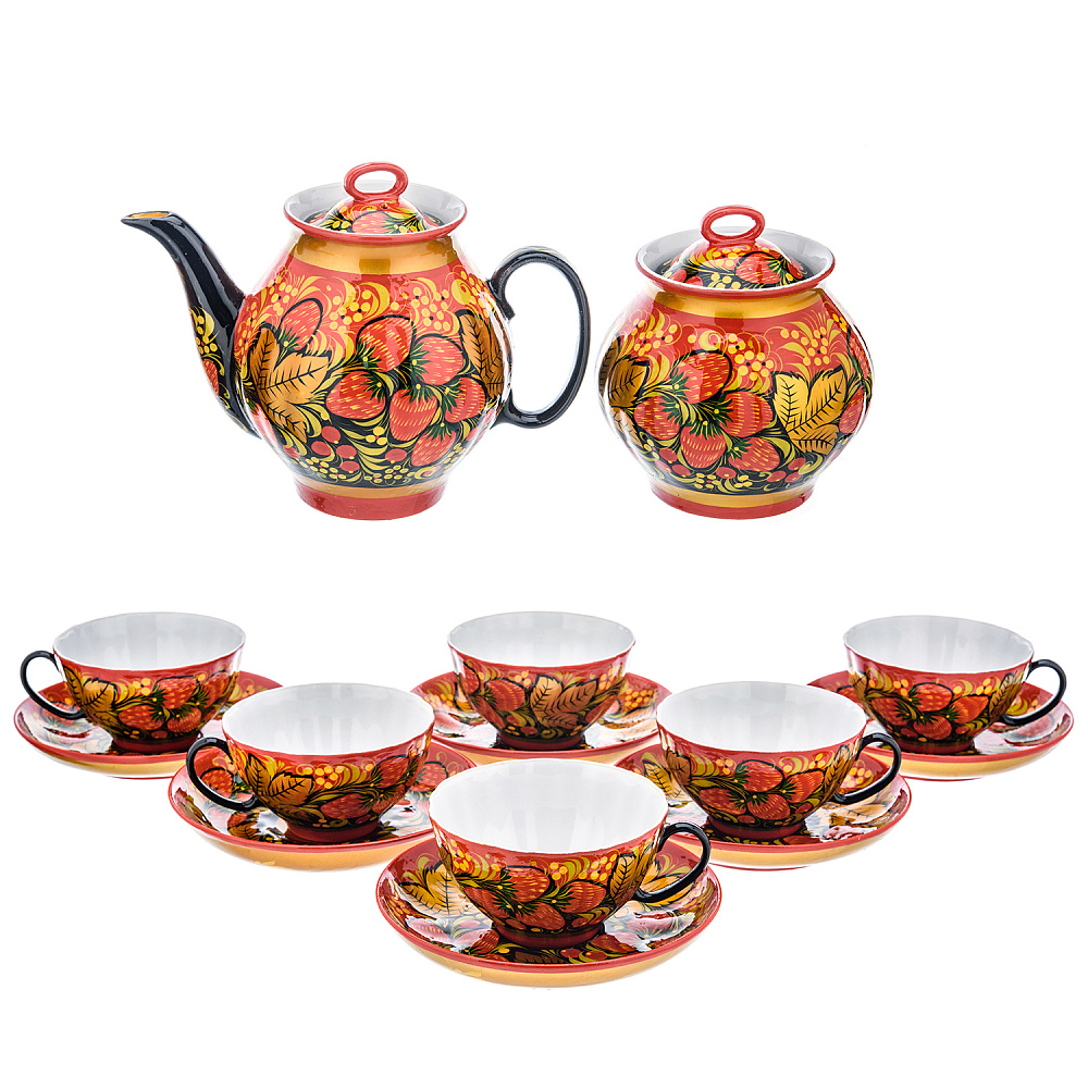 Чайный сервиз на 6 персон «Клубника». Хохлома - интернет магазин Русь Велика я 