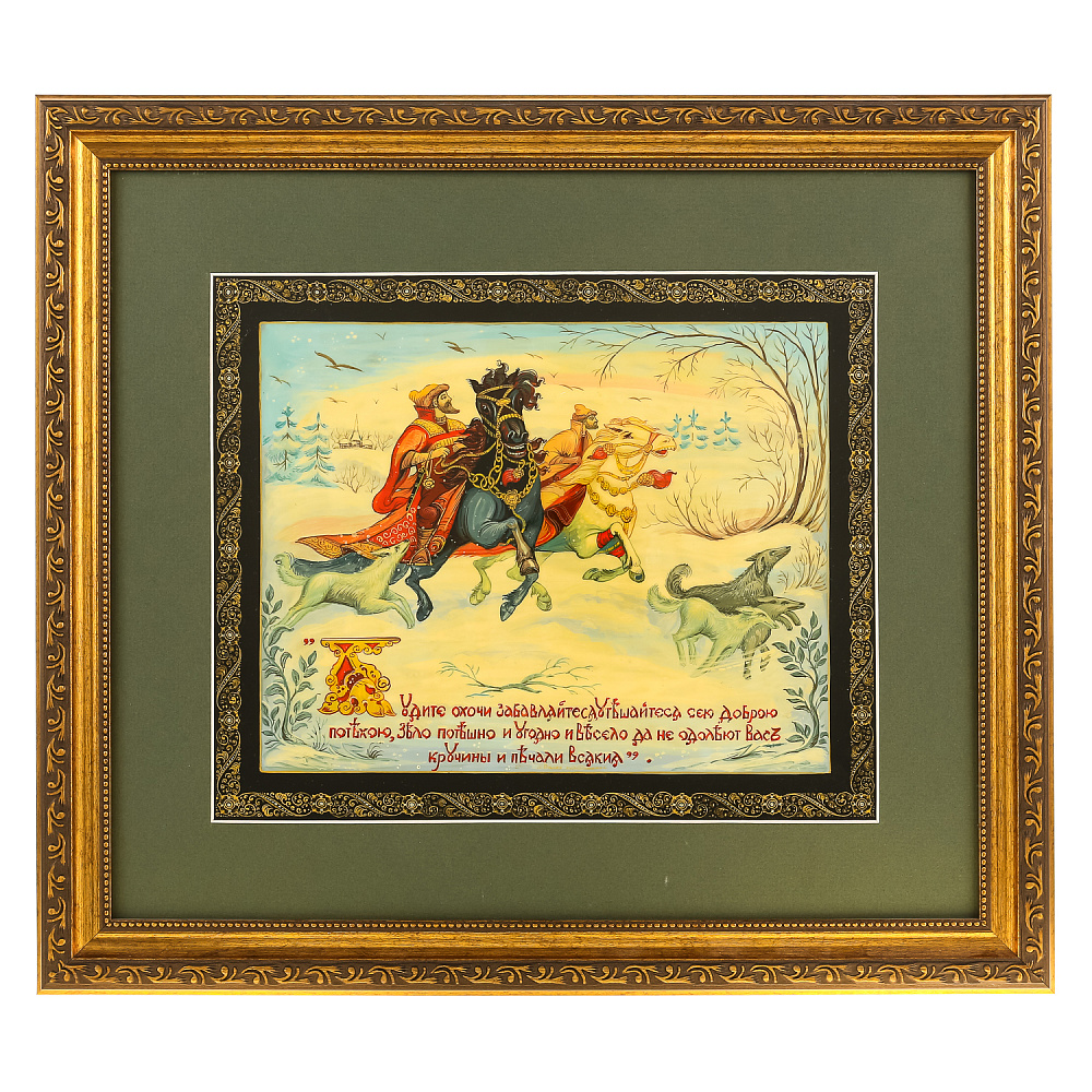 Панно из папье-маше «Царская охота». Палех 45х40 см - интернет магазин Русь Велика я 