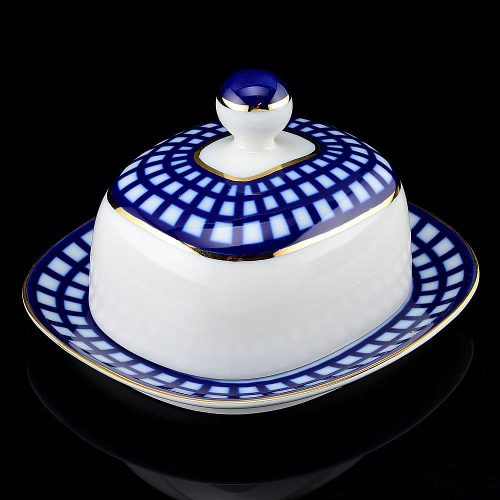 Фарфоровая масленка прямоугольная «Кобальтовая клетка» ИФЗ - интернет магазин Русь Велика я 