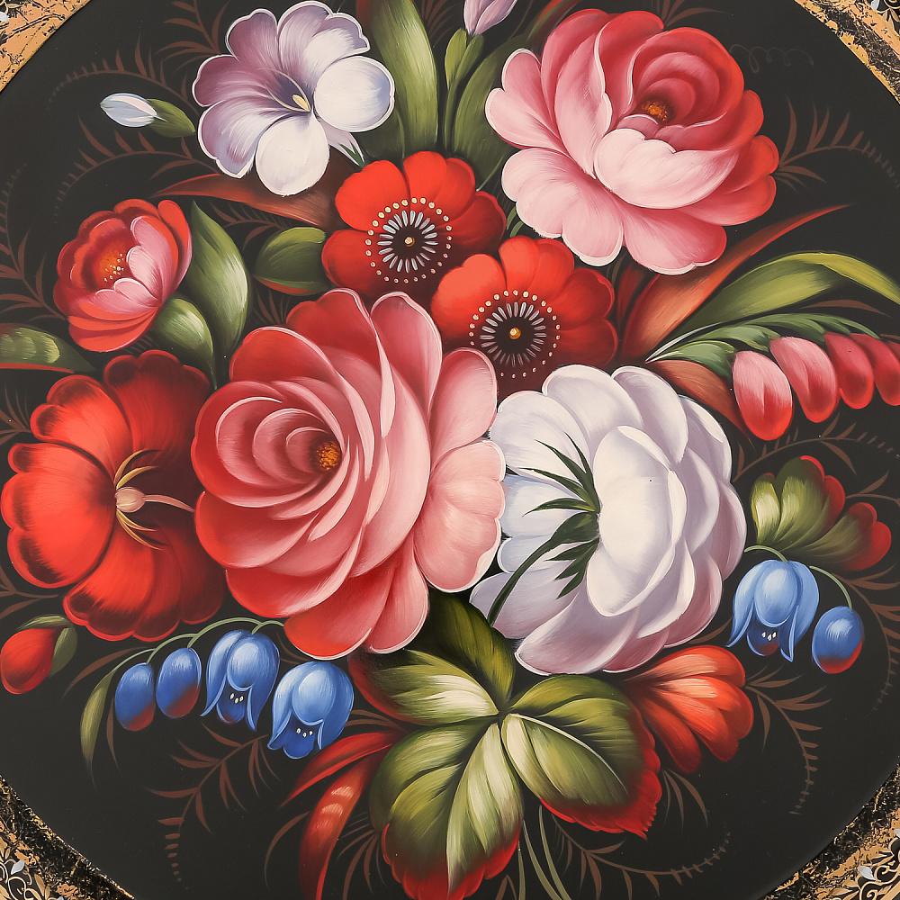 Поднос с авторской росписью «Цветы» 44х44 см - интернет магазин Русь Велика я фото 1