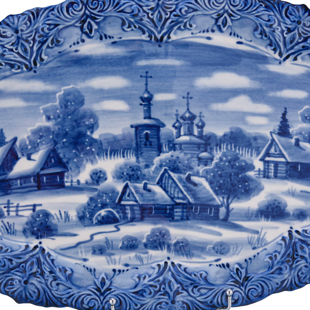 Тарелка декоративная «Зима в деревне». Гжель - интернет магазин Русь Велика я фото 1