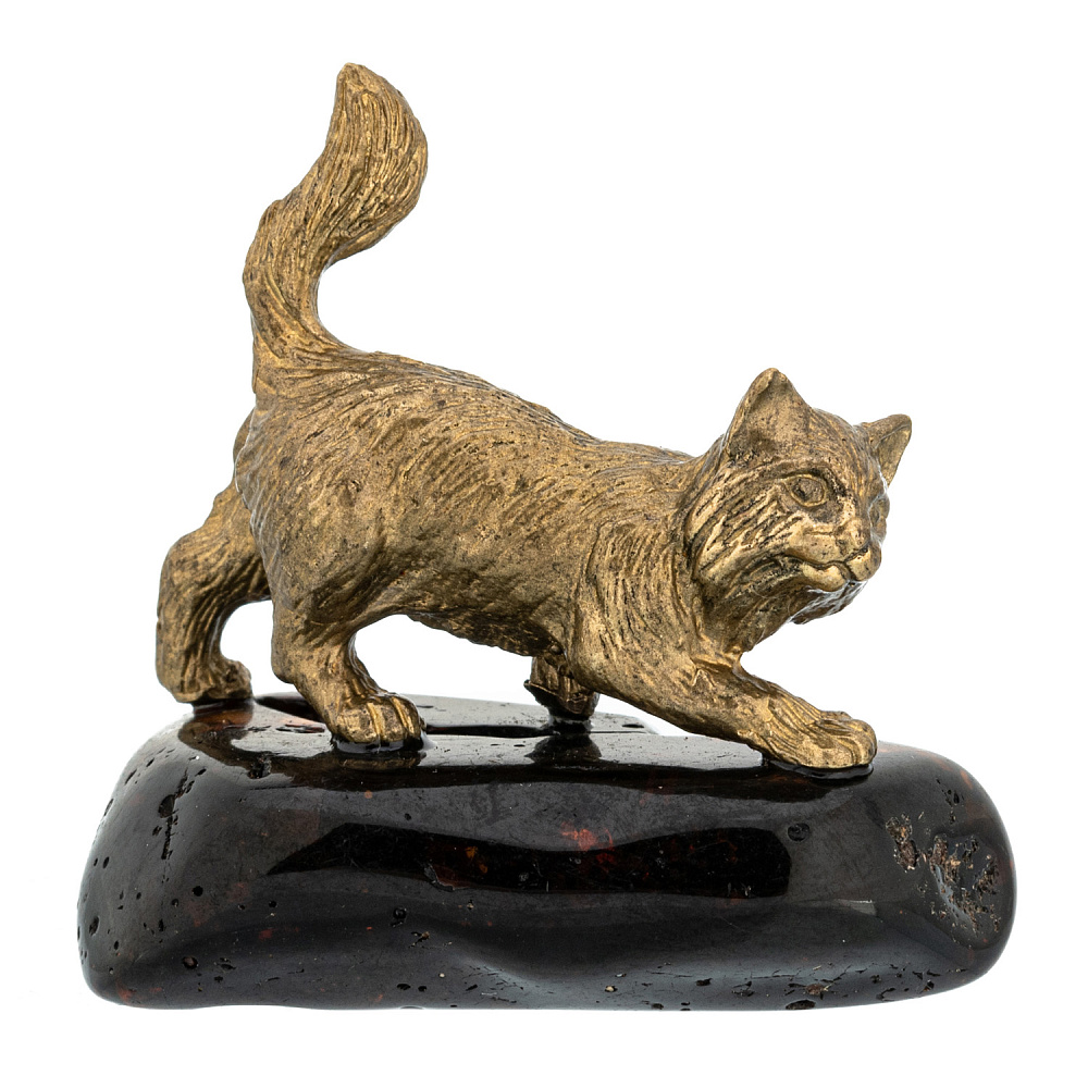 Статуэтка с янтарем «Кот охотник» - интернет магазин Русь Велика я 