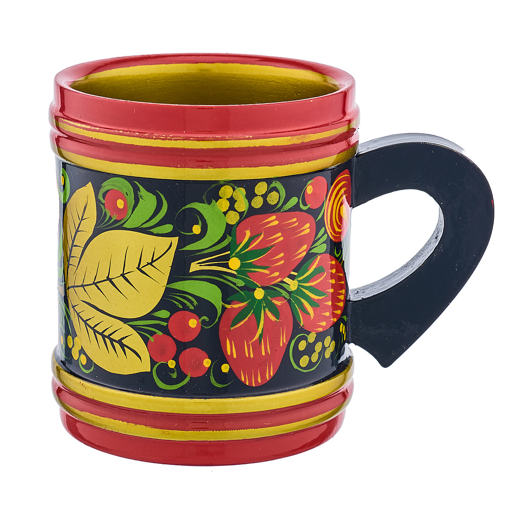 Кружка деревянная с росписью «Клубника». Хохлома - интернет магазин Русь Велика я 