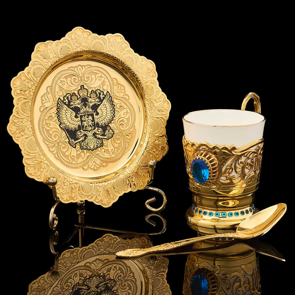 Кофейная пара с позолотой и фианитами «Герб РФ». Златоуст - интернет магазин Русь Велика я 