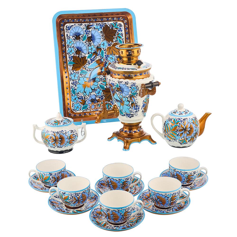 Самовар электрический 1,5 л с сервизом «Васильки». Хохлома - интернет магазин Русь Велика я 