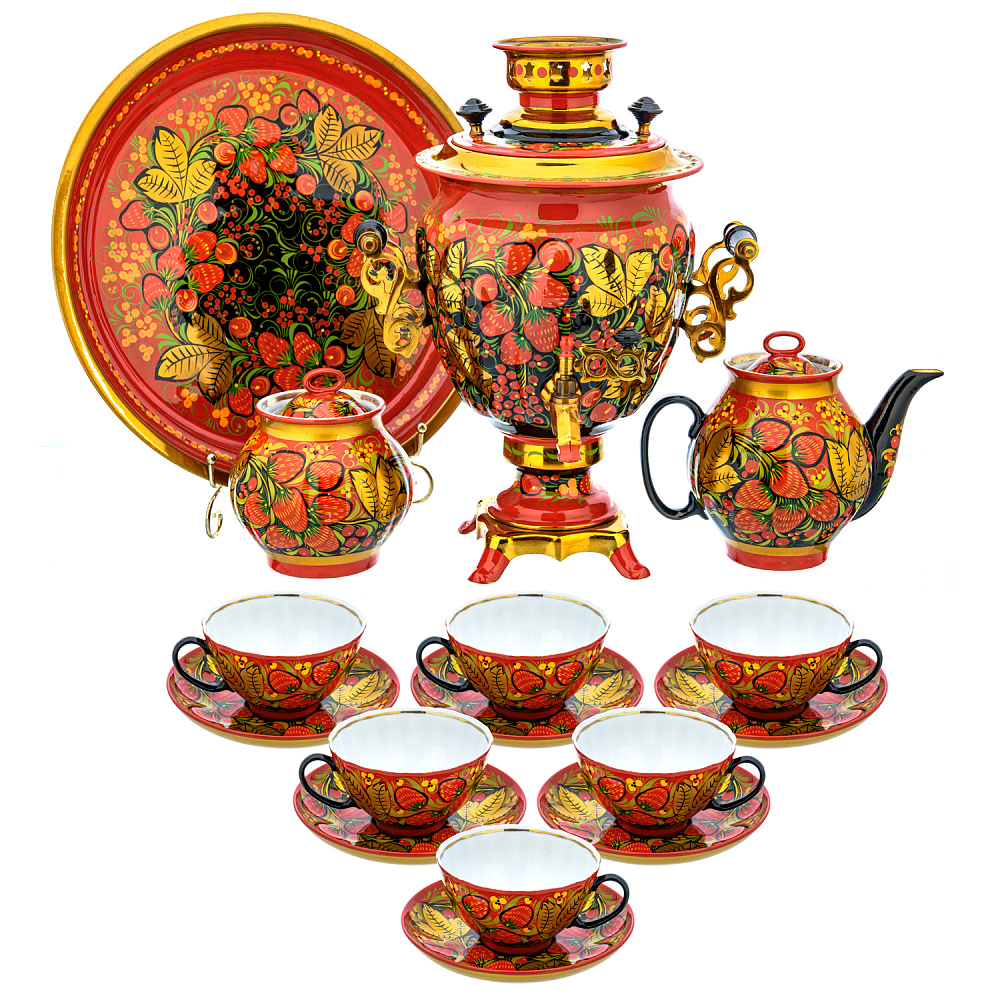 Самовар электрический 3 л с сервизом «Клубника». Хохлома - интернет магазин Русь Велика я 