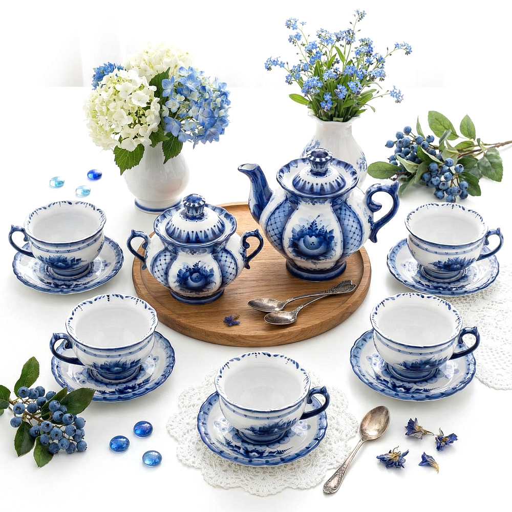 Чайный сервиз на 6 персон с росписью «Восторг». Гжель - интернет магазин Русь Велика я 