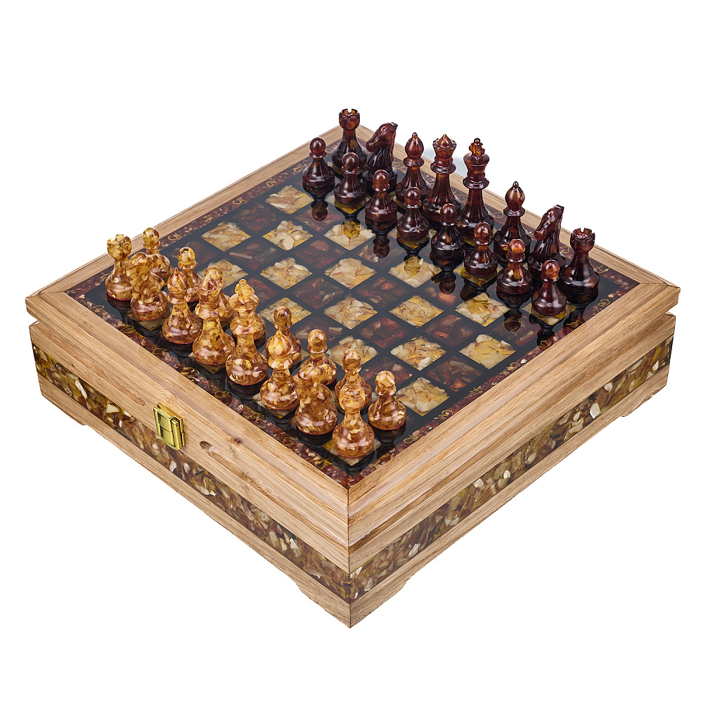 Шахматы с инкрустацией и фигурами из янтаря 28х28 см - интернет магазин Русь Велика я фото 1