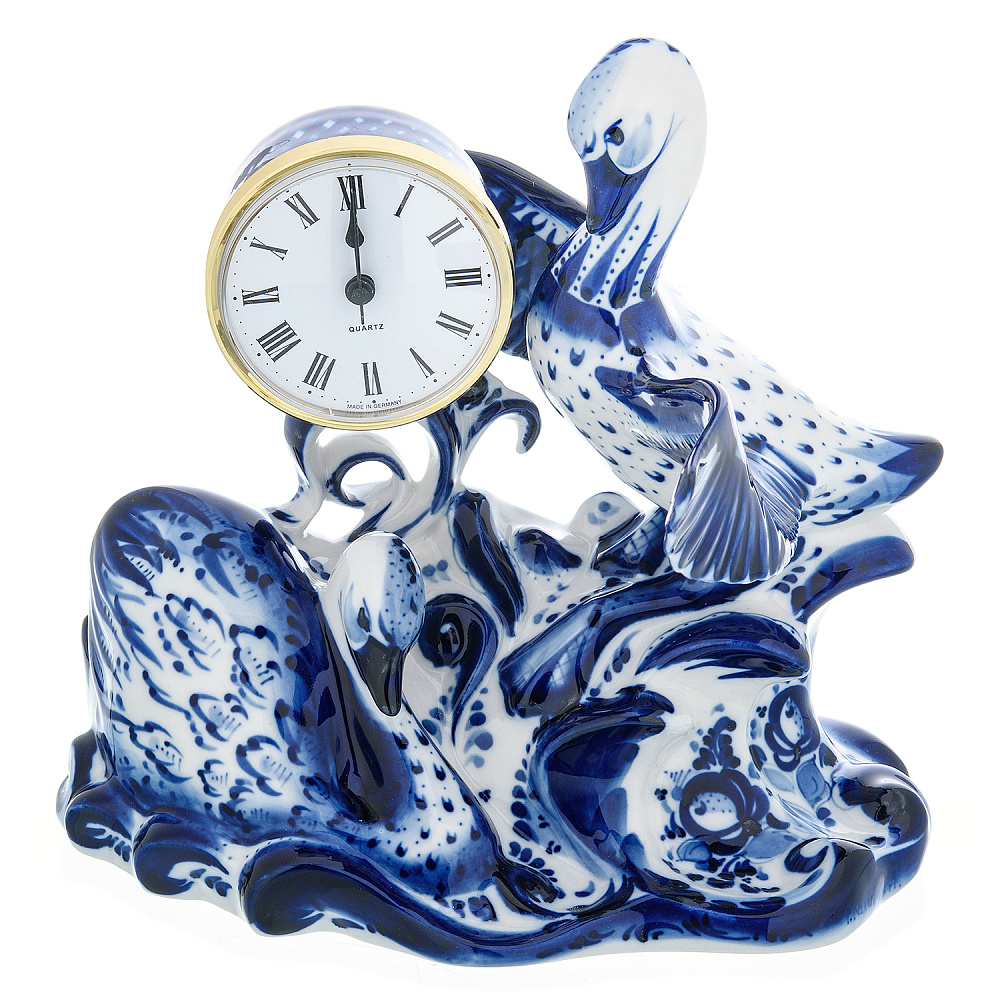 Часы каминные «Лебединая верность». Гжель - интернет магазин Русь Велика я 