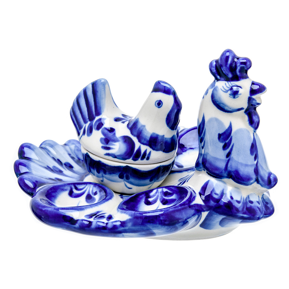 Пасхальница на 4 яйца «Курочка» с солонкой. Гжель - интернет магазин Русь Велика я 