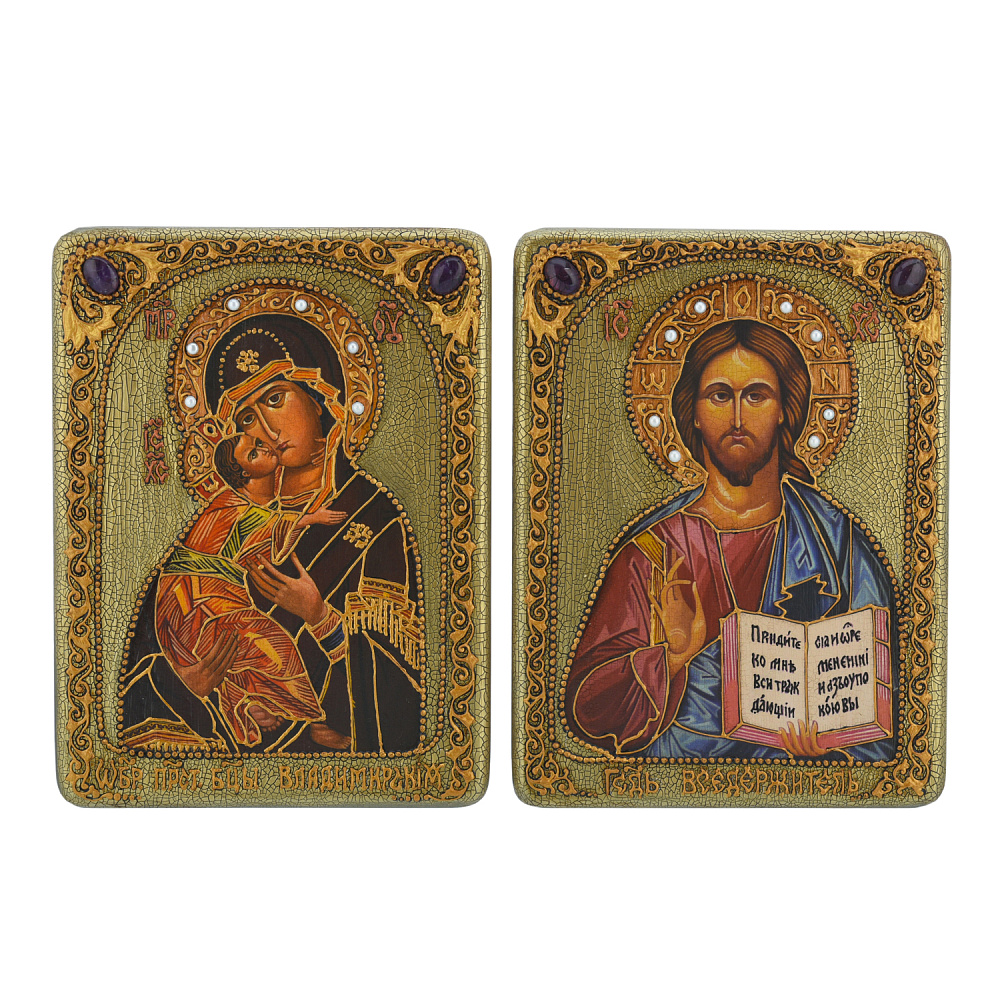 Венчальная пара икон «Божья Матерь Владимирская и Вседержитель» 15х20 см - интернет магазин Русь Велика я 