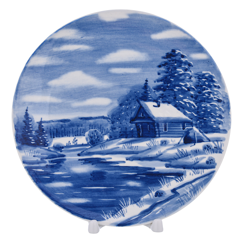 Тарелка декоративная «Деревенька». Гжель - интернет магазин Русь Велика я 