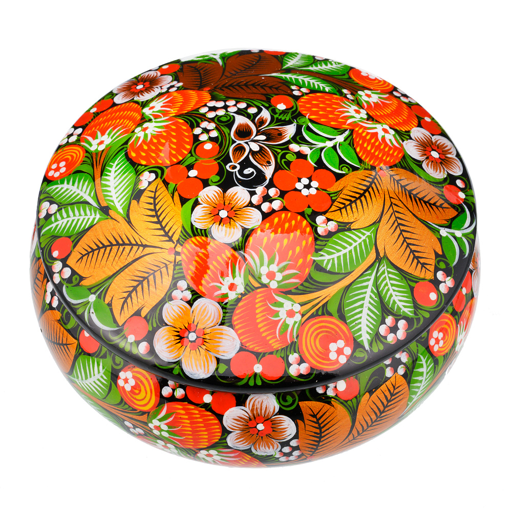 Деревянная круглая шкатулка с росписью «Клубника». Хохлома - интернет магазин Русь Велика я 