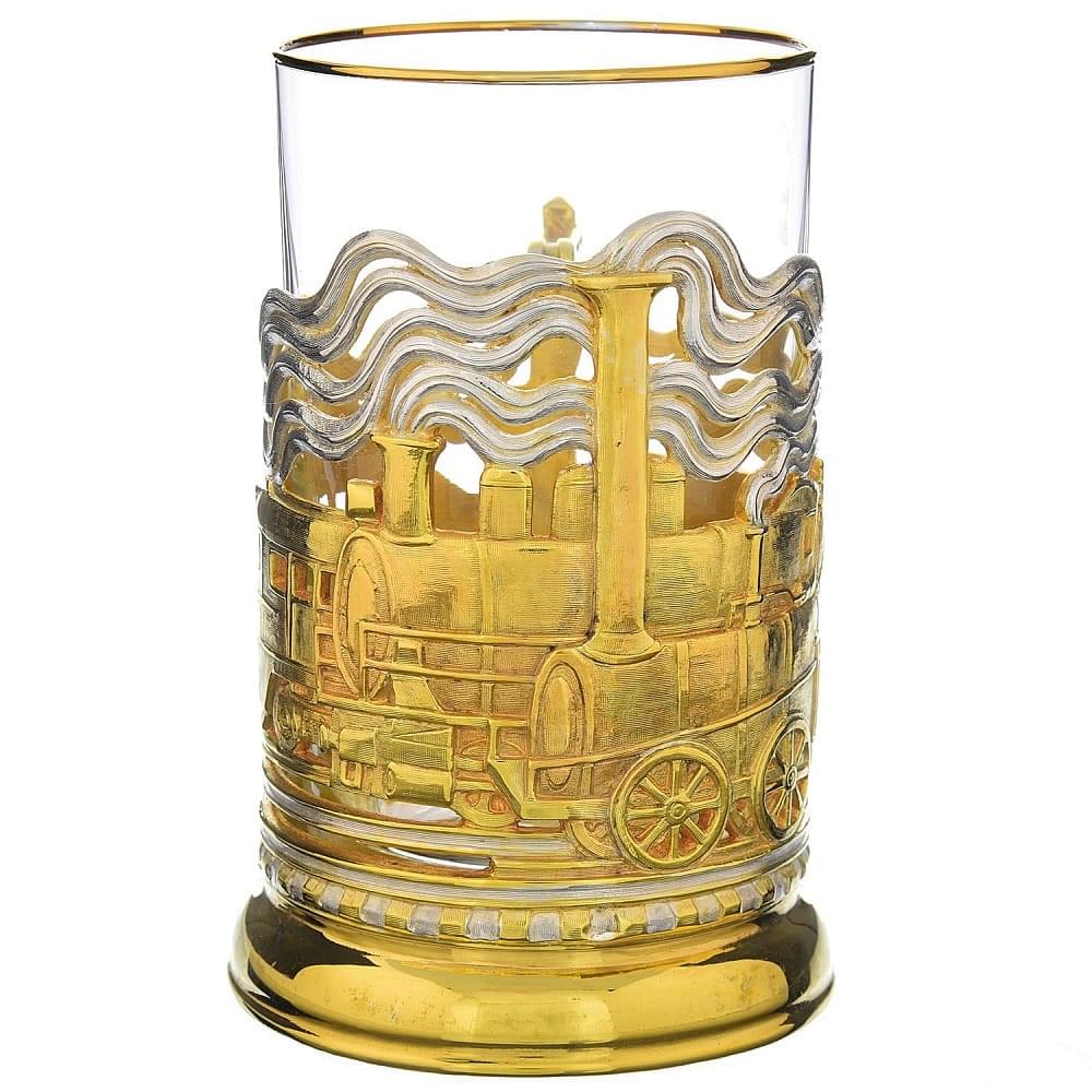 Подстаканник «Паровозы». Латунь. Позолота - интернет магазин Русь Велика я 