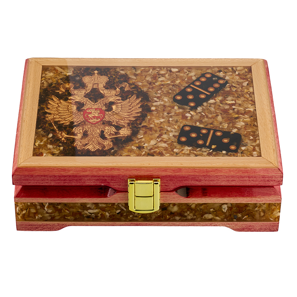 Домино в шкатулке из янтаря «Герб РФ» - интернет магазин Русь Велика я 