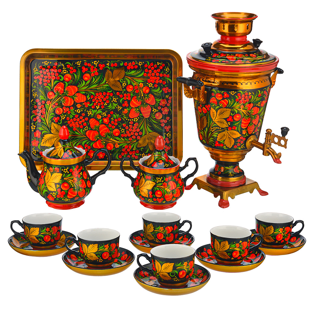 Самовар электрический 4 л с сервизом «Клубника». Хохлома - интернет магазин Русь Велика я 