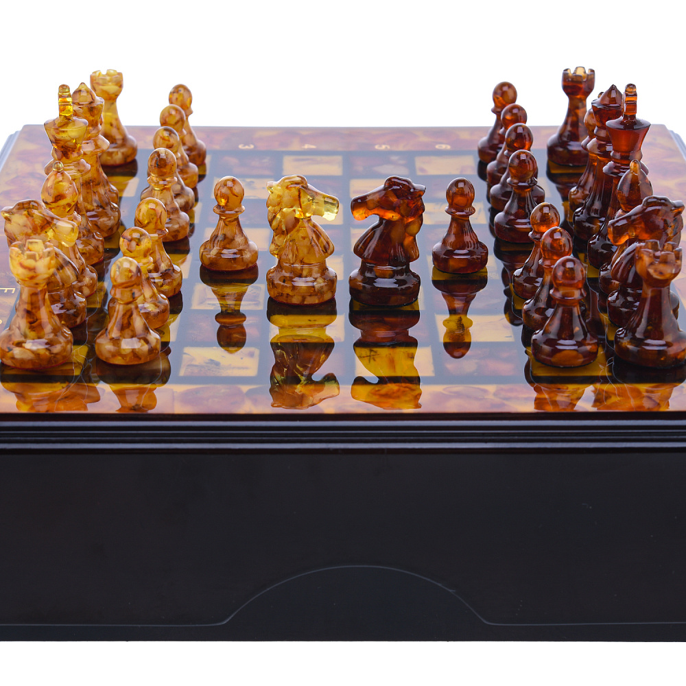 Шахматный ларец с инкрустацией и фигурами из янтаря 30х30 см - интернет магазин Русь Велика я фото 3