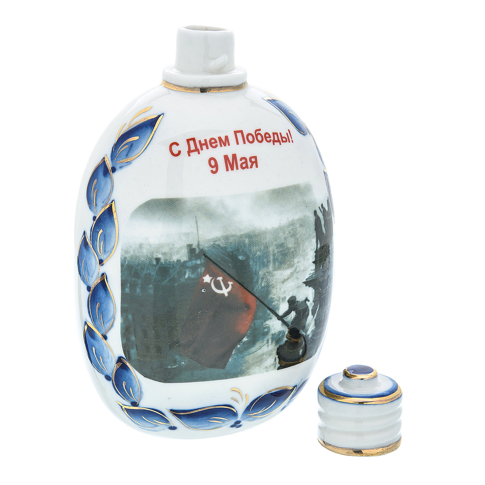 Фарфоровый штоф-фляжка 0,5 л «9 Мая». Гжель в цвете и золоте - интернет магазин Русь Велика я фото 2