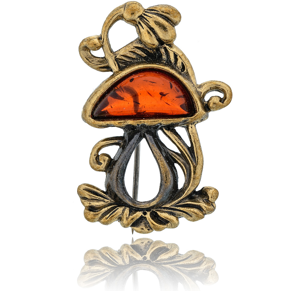 Брошь с янтарем «Грибочек» (коньячный) - интернет магазин Русь Велика я 