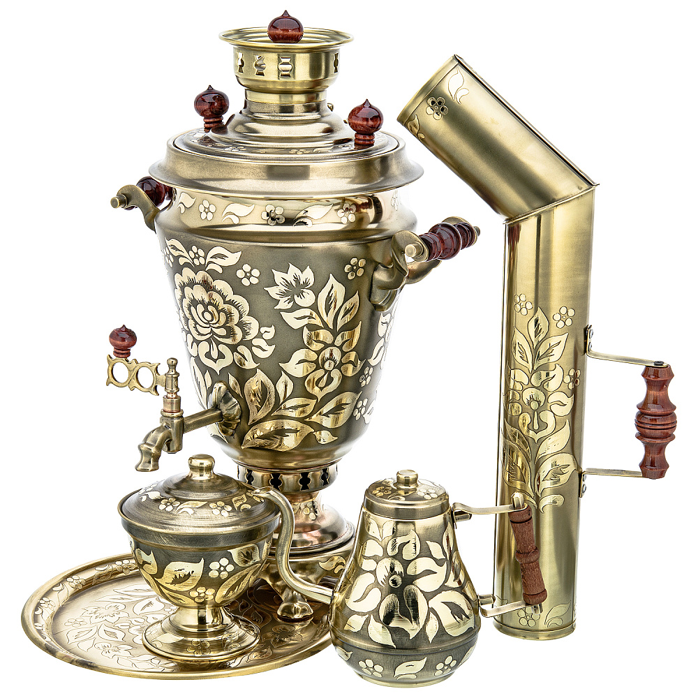 Самовар латунный жаровой 5л «Цветы». Форма Рюмка - интернет магазин Русь Велика я фото 1