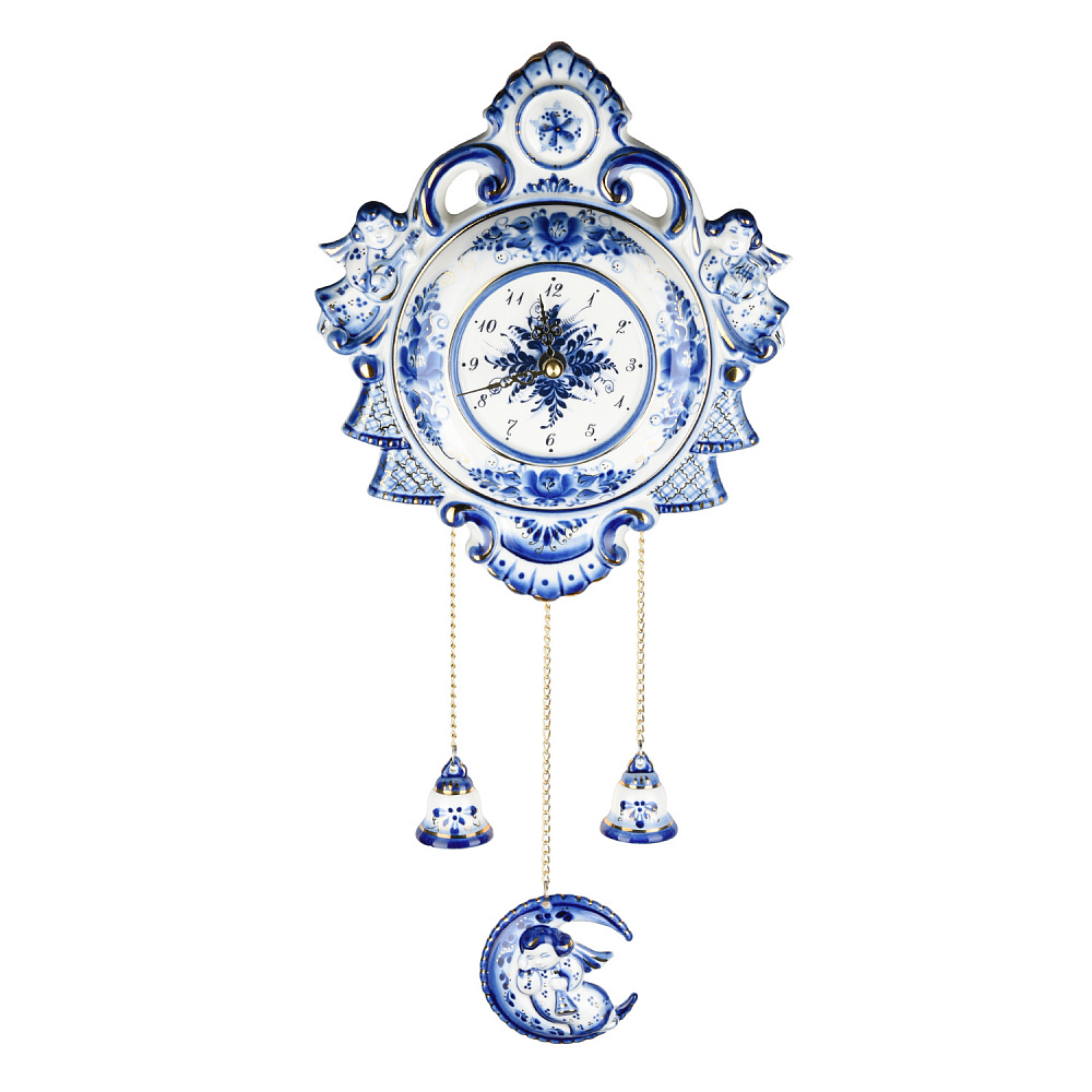 Часы настенные фарфор «Ночка». Гжель в золоте - интернет магазин Русь Велика я 