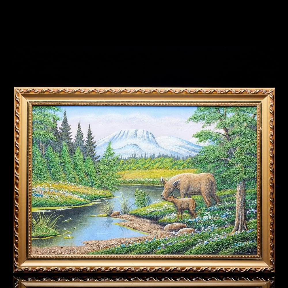 Картина с каменной крошкой «Олени на водоеме» 69 х 49 см - интернет магазин Русь Велика я 