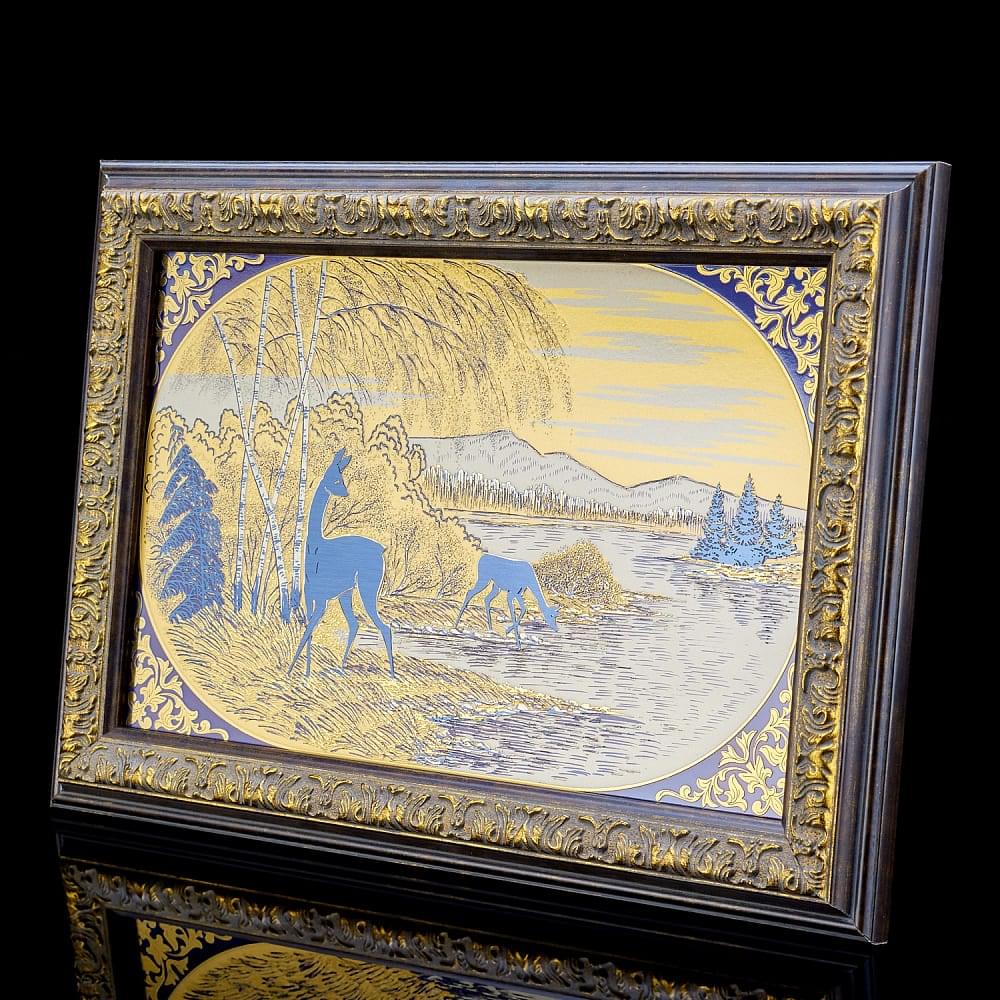 Панно «На водопое». Гравюра Златоуст 30 х 20 см 35х25 см - интернет магазин Русь Велика я фото 1