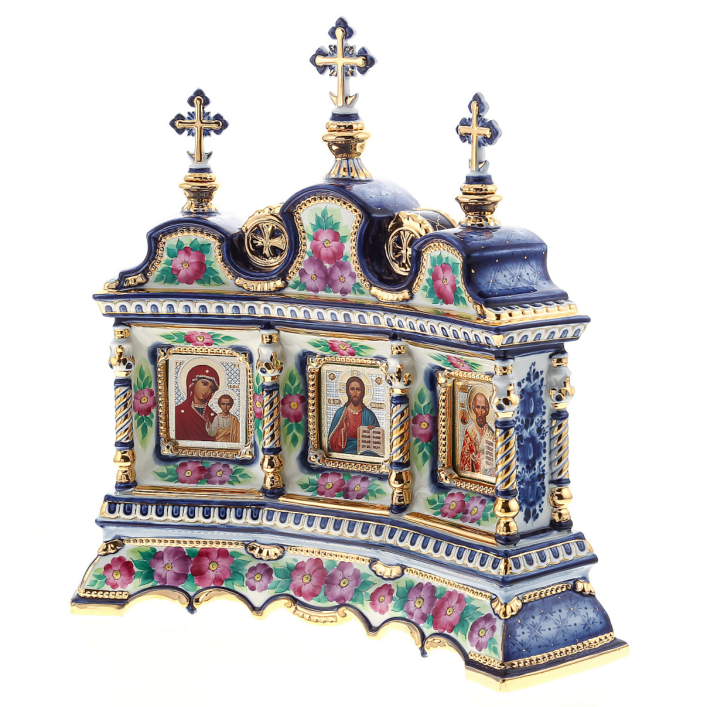 Киот настольный «Вседержитель, Божья Матерь, Николай Чудотворец». Гжель 40х40 см. - интернет магазин Русь Велика я фото 1