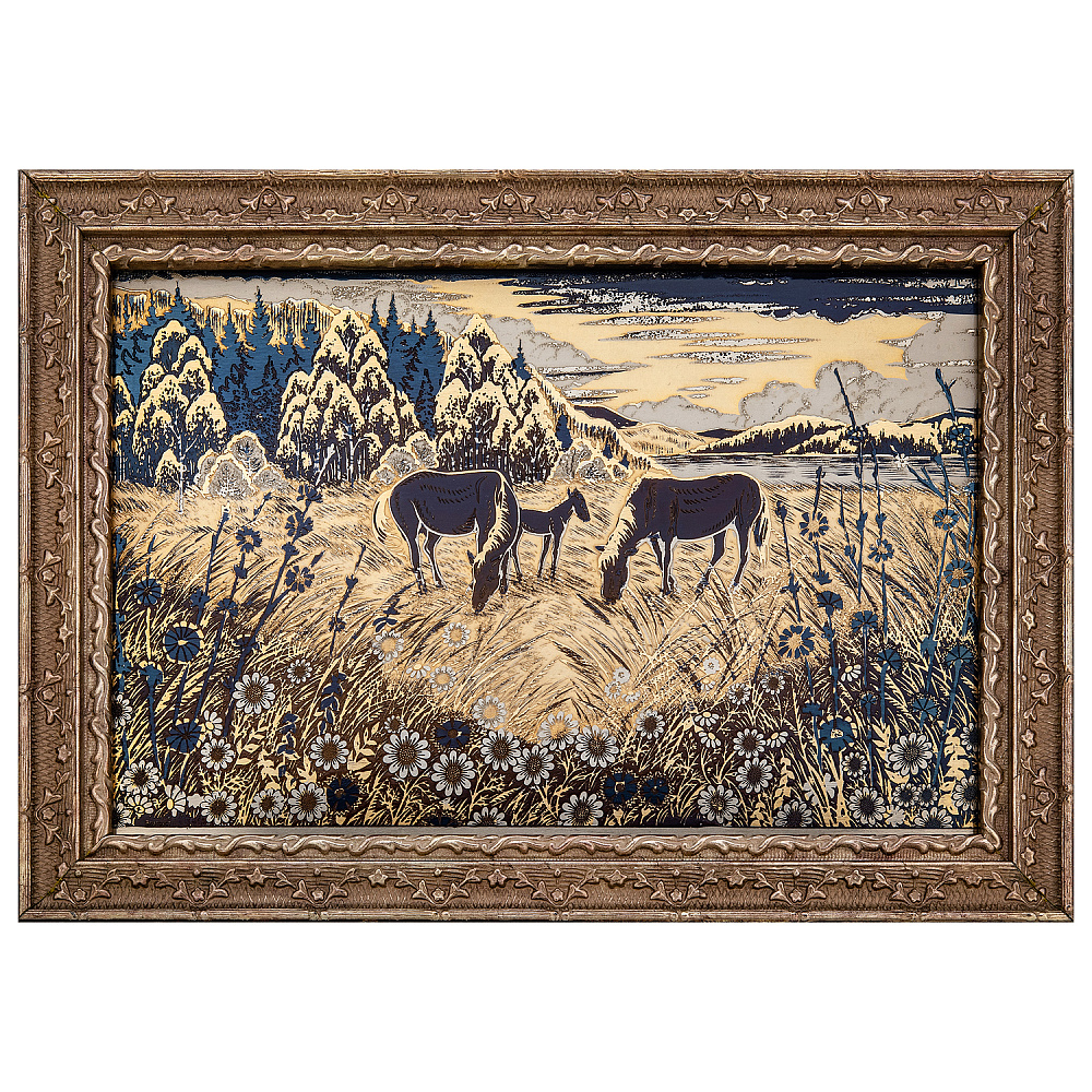 Панно-гравюра «На лугу». Гравюра Златоуст 34,5х25 см - интернет магазин Русь Велика я 