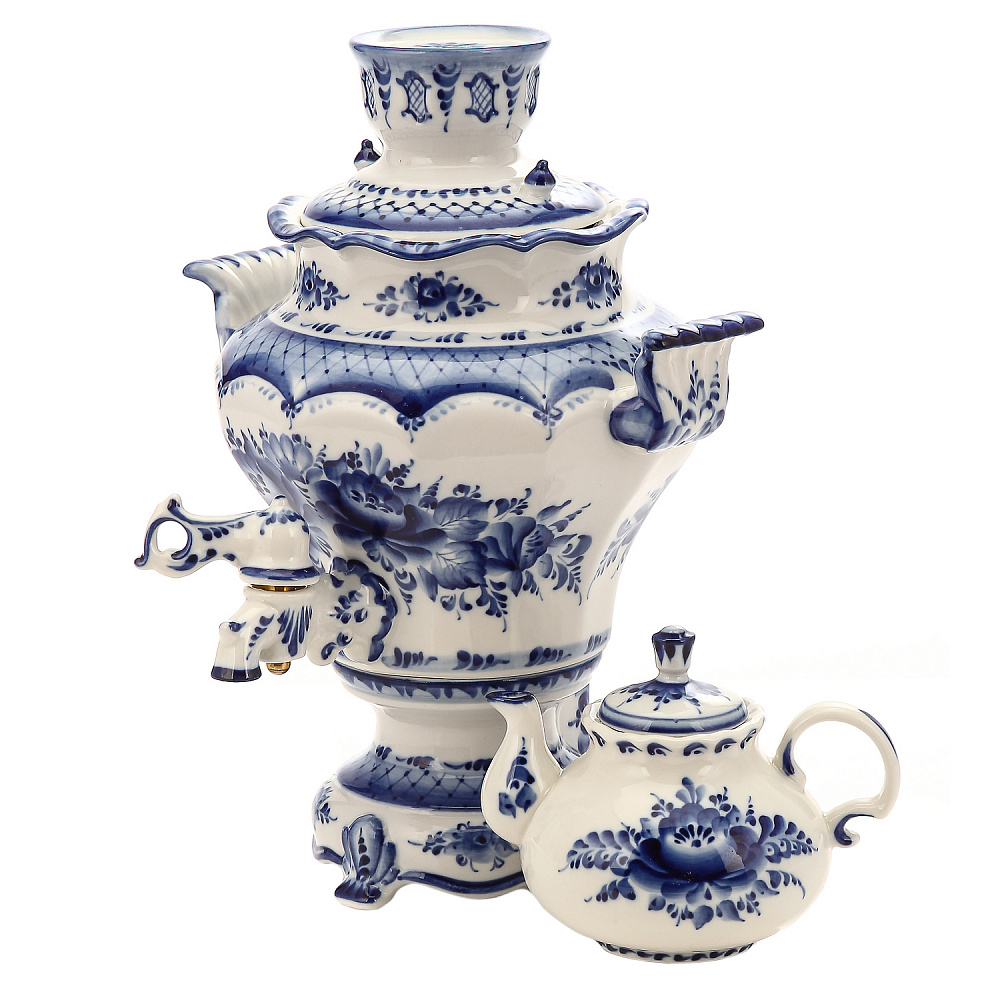 Самовар фарфоровый электрический 2л «Летняя фантазия» с сервизом 6 персон. Гжель - интернет магазин Русь Велика я фото 1