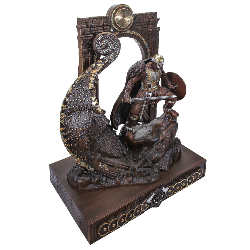 Деревянные резные часы «Время Викингов». Высота 134 см - интернет магазин Русь Велика я фото 1