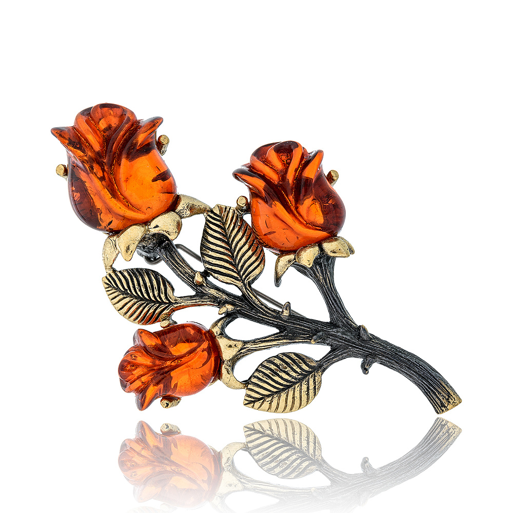 Брошь с янтарем «Розы» (коньячный) - интернет магазин Русь Велика я 