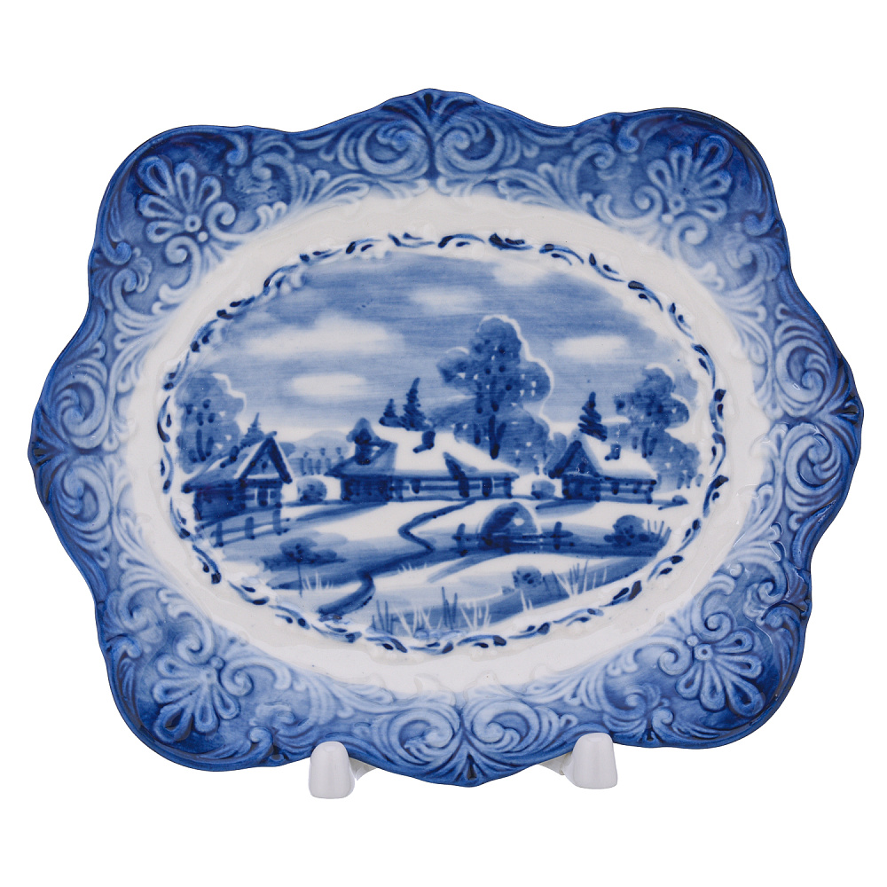 Тарелка декоративная «Зима в деревне». Гжель - интернет магазин Русь Велика я 