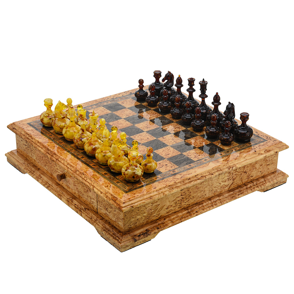Шахматы из карельской березы с янтарными фигурами 37х37 см - интернет магазин Русь Велика я 