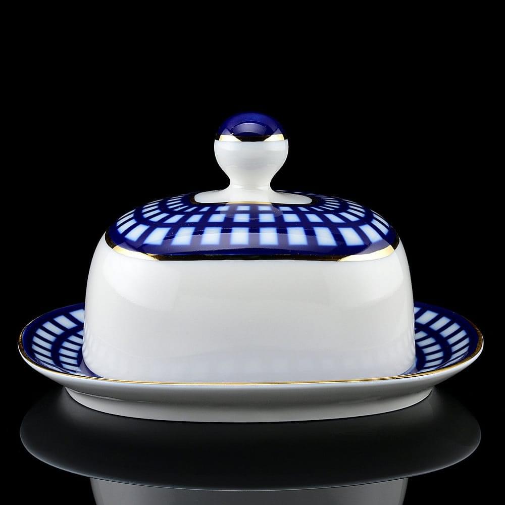 Фарфоровая масленка прямоугольная «Кобальтовая клетка» ИФЗ - интернет магазин Русь Велика я фото 1