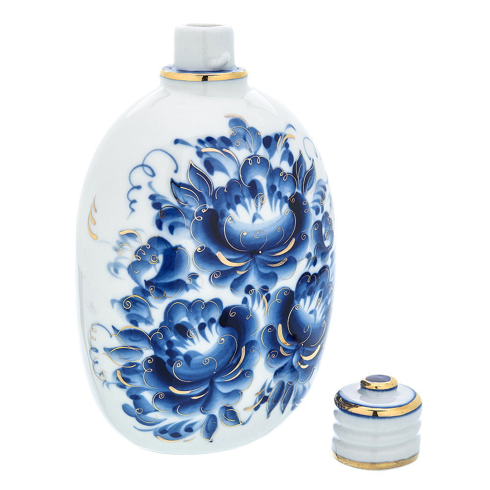 Фарфоровый штоф-фляжка 0,5 л «Цветы». Гжель в золоте - интернет магазин Русь Велика я фото 2