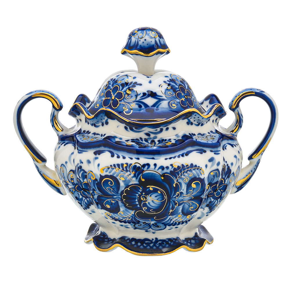 Сахарница «Семейная». Гжель в золоте - интернет магазин Русь Велика я 