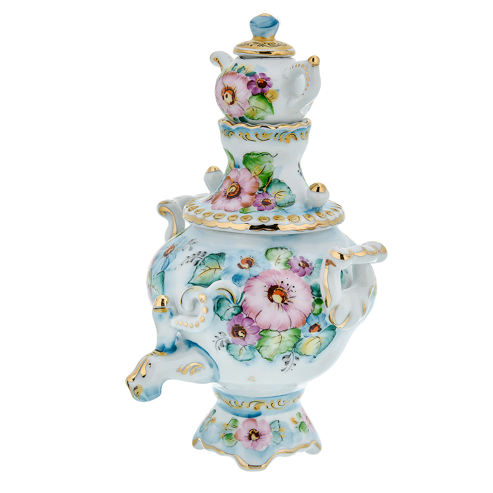 Сувенирный самовар-шкатулка «Цветы». Гжель в цвете - интернет магазин Русь Велика я фото 2