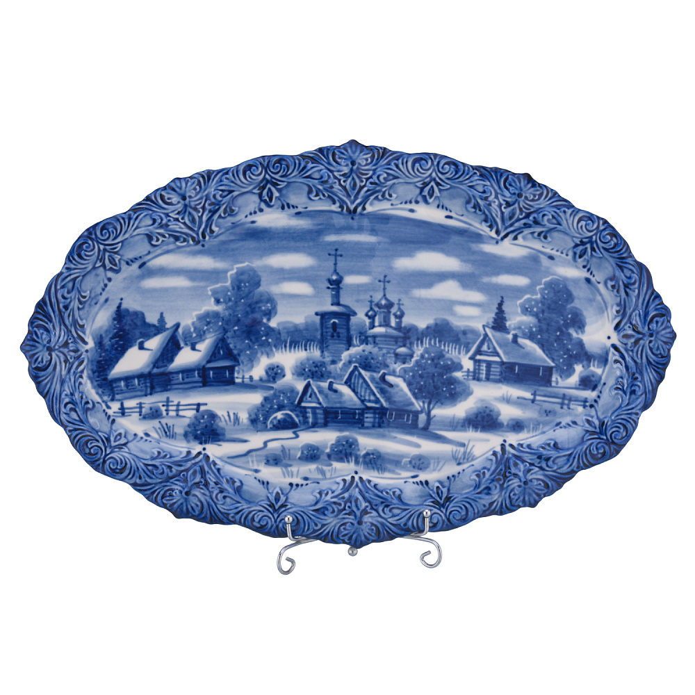 Тарелка декоративная «Зима в деревне». Гжель - интернет магазин Русь Велика я 