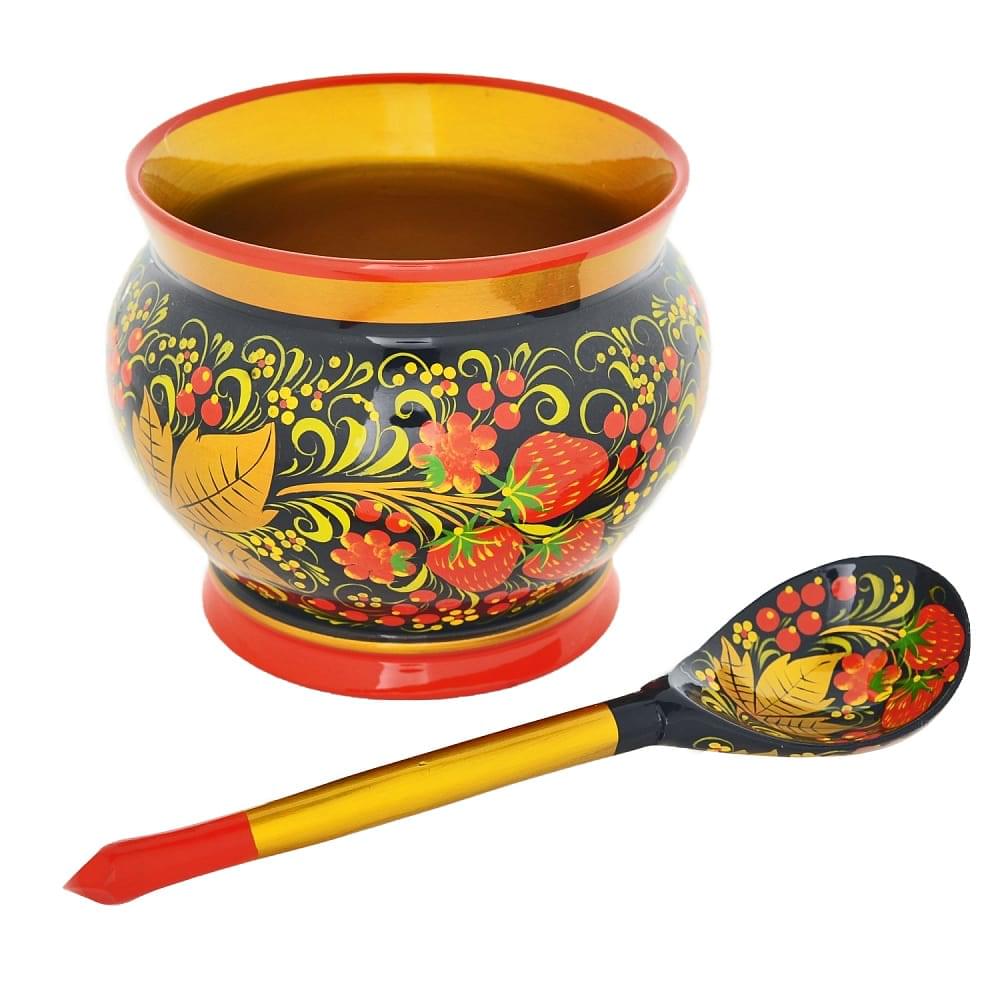 Деревянная соусница с ложкой. Хохломская роспись - интернет магазин Русь Велика я 