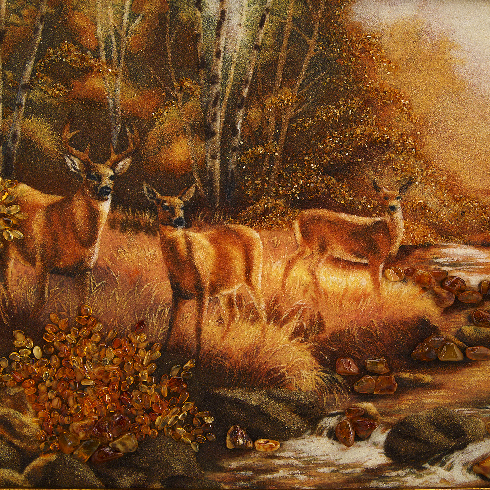 Картина янтарная «Олени в лесу» 60х40 см - интернет магазин Русь Велика я фото 1