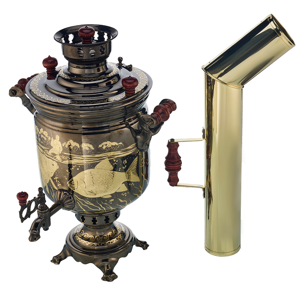 Самовар комбинированный 5 л с гравировкой «Рыбалка» - интернет магазин Русь Велика я 