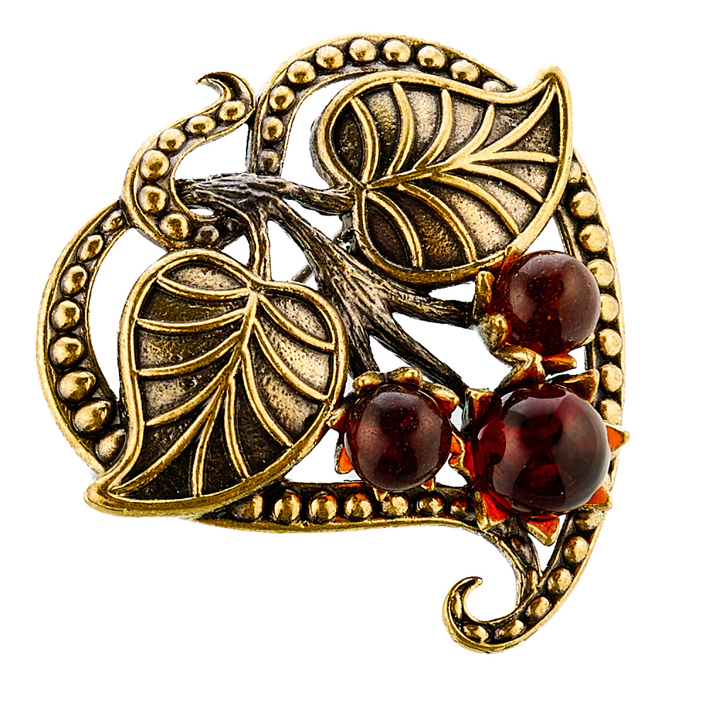 Брошь с янтарем «Листик. Сердце» - интернет магазин Русь Велика я 